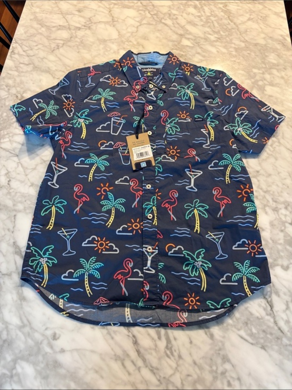chubbies Navy Tropical Neon Print Short-Sleeve Button-Up, size small